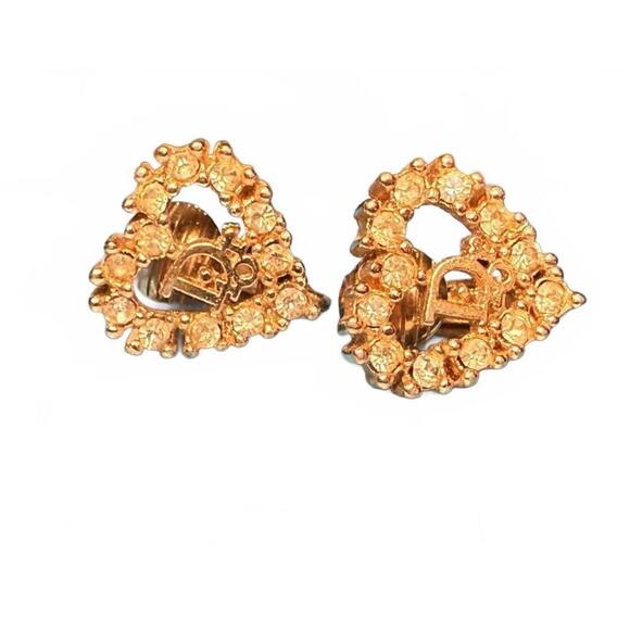 Vintage Gold-Tone Christian Dior Heart-Shaped Clip-On Earrings with Rhinestones